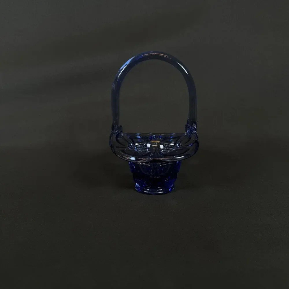 VINTAGE FENTON BLUE GLASS BASKET WITH HANDLE 6